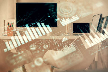 Double exposure of stock market graph drawing and office interior background. Concept of financial analysis.の写真素材