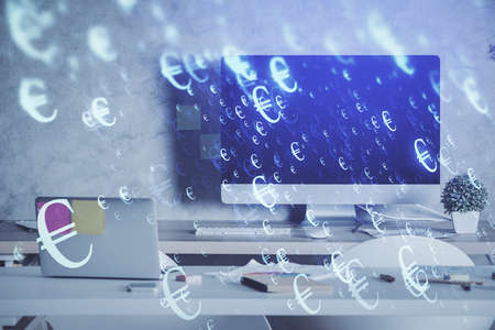 Multi exposure of financial graph drawing and office interior background. Concept of market analysis.の写真素材