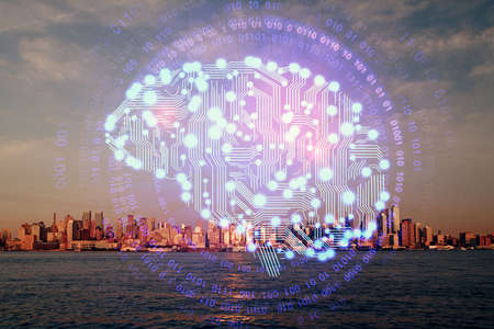 Brain hologram drawing on cityscape background multi exposure. Ai in modern city concept.の写真素材