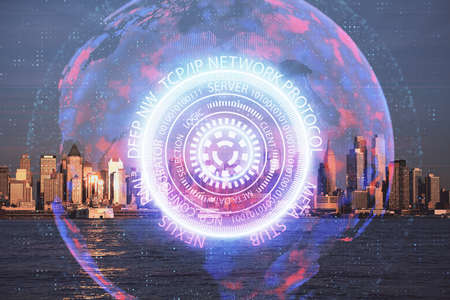 Double exposure of technology theme hologram and cityscape background. Concept of Hightech.の写真素材