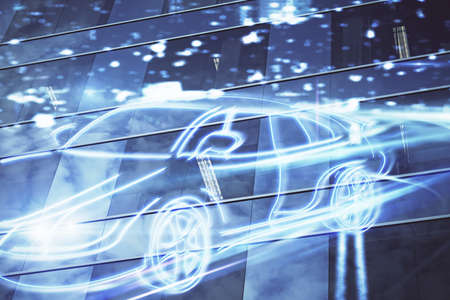 Double exposure of transport theme hologram drawing and city view background. Concept autopilot.