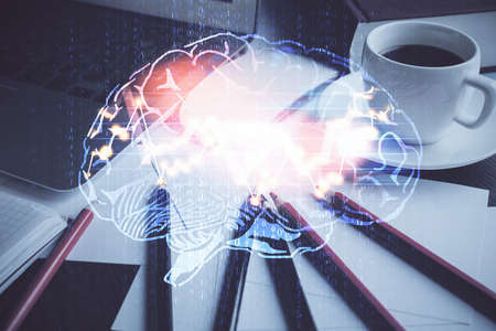Double exposure of desktop computer and human brain drawing hologram. Ai concept.