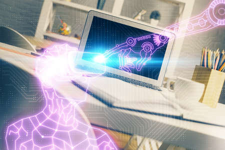 Computer on desktop with AR theme icon. Multi exposure. Concept of augmented reality.