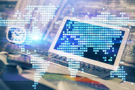 Multi exposure of business theme icons and work space with computer background. Concept of success.