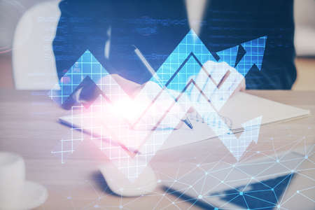 Blue arrow over womans hands taking notes background. Concept of success. Double exposure