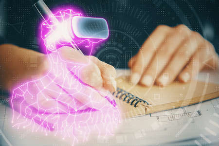 AR hologram over womans hands taking notes background. Concept of augmented reality. Multi exposure