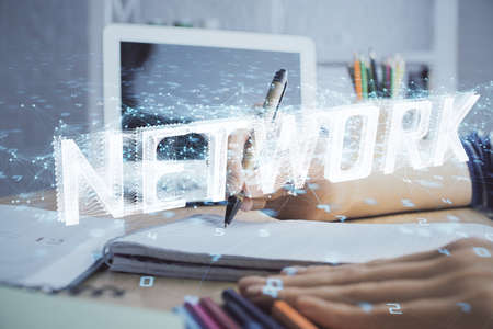 Double exposure of womans hands on background with technology and digital coding icons. Data...