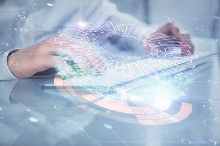 Multi exposure of tech drawings with man working on computer background. Concept of innovation.
