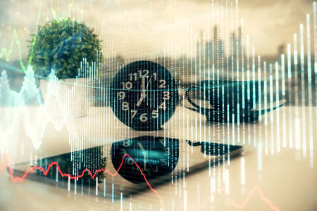 Double exposure of forex graph drawing and cell phone background. Concept of financial data analysis