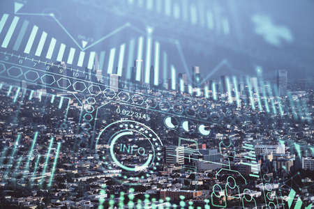 Double exposure of technology theme hologram and cityscape background. Concept of Hightech.