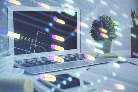 Multi exposure of desktop with personal computer and tech theme drawing. Concept of Bigdata.