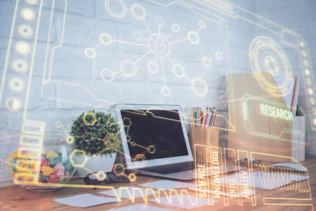 Multi exposure of desktop with personal computer and tech theme drawing. Concept of Bigdata.