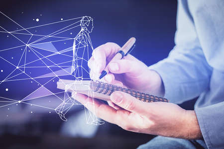 Creative start up concept hologram multi exposure with human hand background.の写真素材