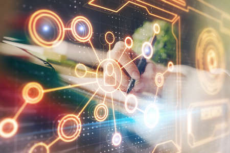 Social network theme hologram over womans hands writing background. Concept of international people...