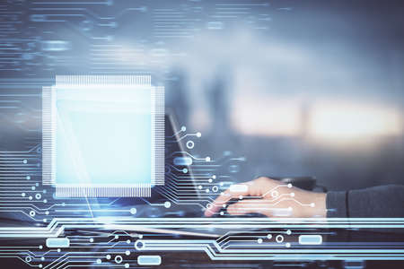 A man working on Laptop with technology theme drawing. Concept of big data. Double exposure.