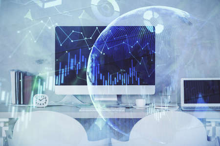 Multi exposure of stock market chart drawing and office interior background. Concept of financial...