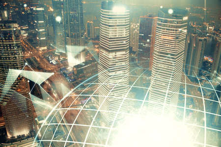 Map and data theme hologram on city view with skyscrapers background double exposure. International...