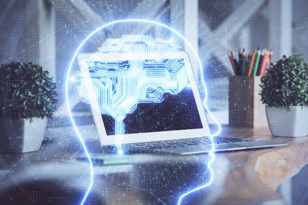 Double exposure of desktop computer and human brain drawing hologram. Ai concept.