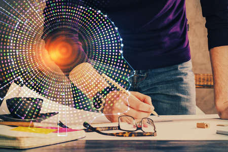 Haman brain double exposure icon with man hands background. Concept of Ai.