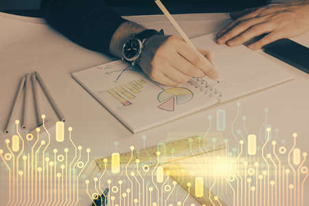 Humans hands with data theme multi exposure background drawings. Concept of innovation.の写真素材