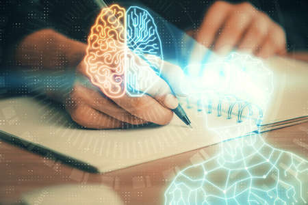 AR hologram over womans hands taking notes background. Concept of augmented reality. Multi exposure