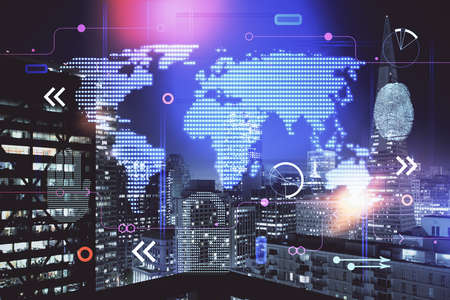 Map and data theme hologram on city view with skyscrapers background double exposure. International...