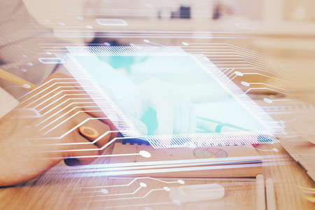 Humans hands with technology theme double exposure icons. Concept of big data.の写真素材