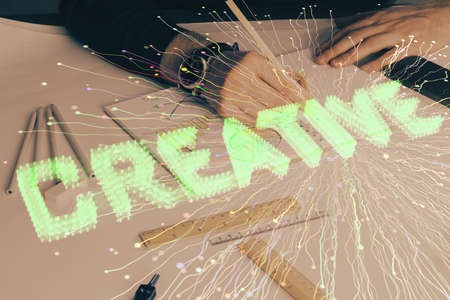 Creative start up concept hologram multi exposure with human hand background.