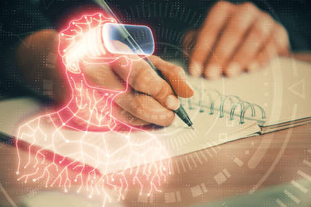AR hologram over womans hands taking notes background. Concept of augmented reality. Multi exposure