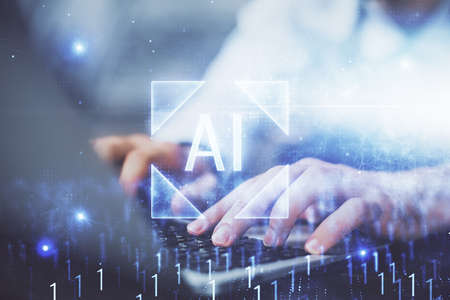 Multi exposure of data internet theme hologram with man working on computer on background. Concept of innovation.の写真素材