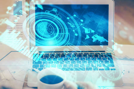 Multi exposure of business theme icons and work space with computer background. Concept of success.