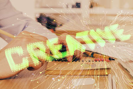 Creative start up concept hologram multi exposure with human hand background.