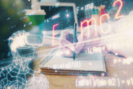 Science formula hologram over womans hands taking notes background. Concept of study. Double exposureの写真素材