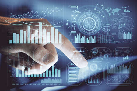 Multi exposure of man's hands holding and using a phone and financial chart drawing. Market analysis...