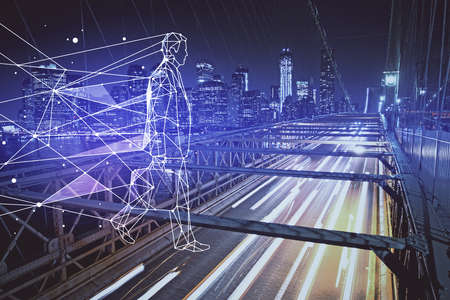Double exposure of start up theme drawings over cityscape background. Concept of success.