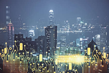 Data theme hologram drawing on city view with skyscrapers background double exposure. Ai concept.