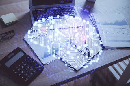 Double exposure of desktop computer and human brain drawing hologram. Ai concept.