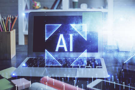 Double exposure of desktop with personal computer on background and tech theme drawing. Concept of...