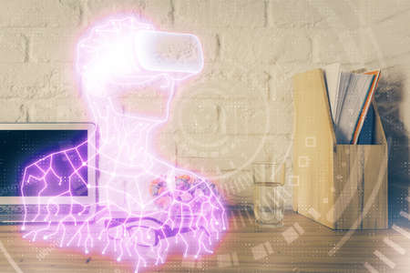 Computer on desktop with AR theme icon. Multi exposure. Concept of augmented reality.