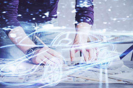 Close up of human hands background and autonomous self drive pilot vehicle concept. Multi exposure.の写真素材