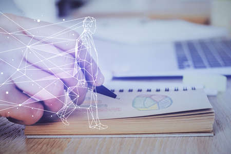 Creative start up concept hologram multi exposure with human hand background.の写真素材