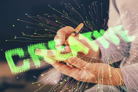 Creative start up concept hologram multi exposure with human hand background.の写真素材