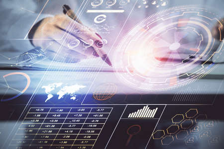 Multi exposure of womans writing hand on background with data technology hologram. Concept of...