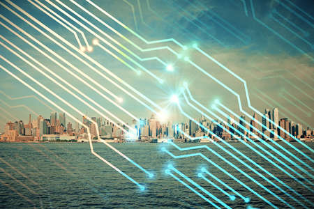 Data theme hologram drawing on city view with skyscrapers background double exposure. Technology...