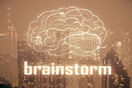 Double exposure of start up theme drawings over cityscape background. Concept of success.