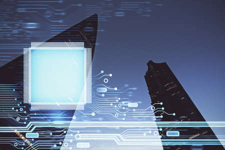 Data theme hologram drawing on city view with skyscrapers background double exposure. Ai concept.