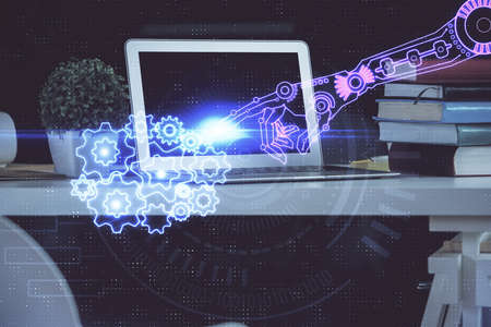 Double exposure of desktop with personal computer on background and tech theme drawing. Concept of...