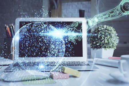 Double exposure of desktop with personal computer on background and tech theme drawing. Concept of...