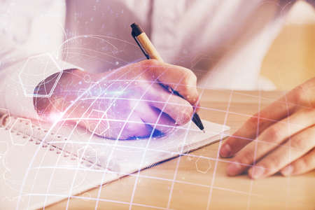 Mans hands with international data network theme double exposure icon. Concept of globalization.の写真素材