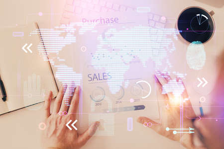 Mans hands with international data global network topic double exposure icon. Concept of...